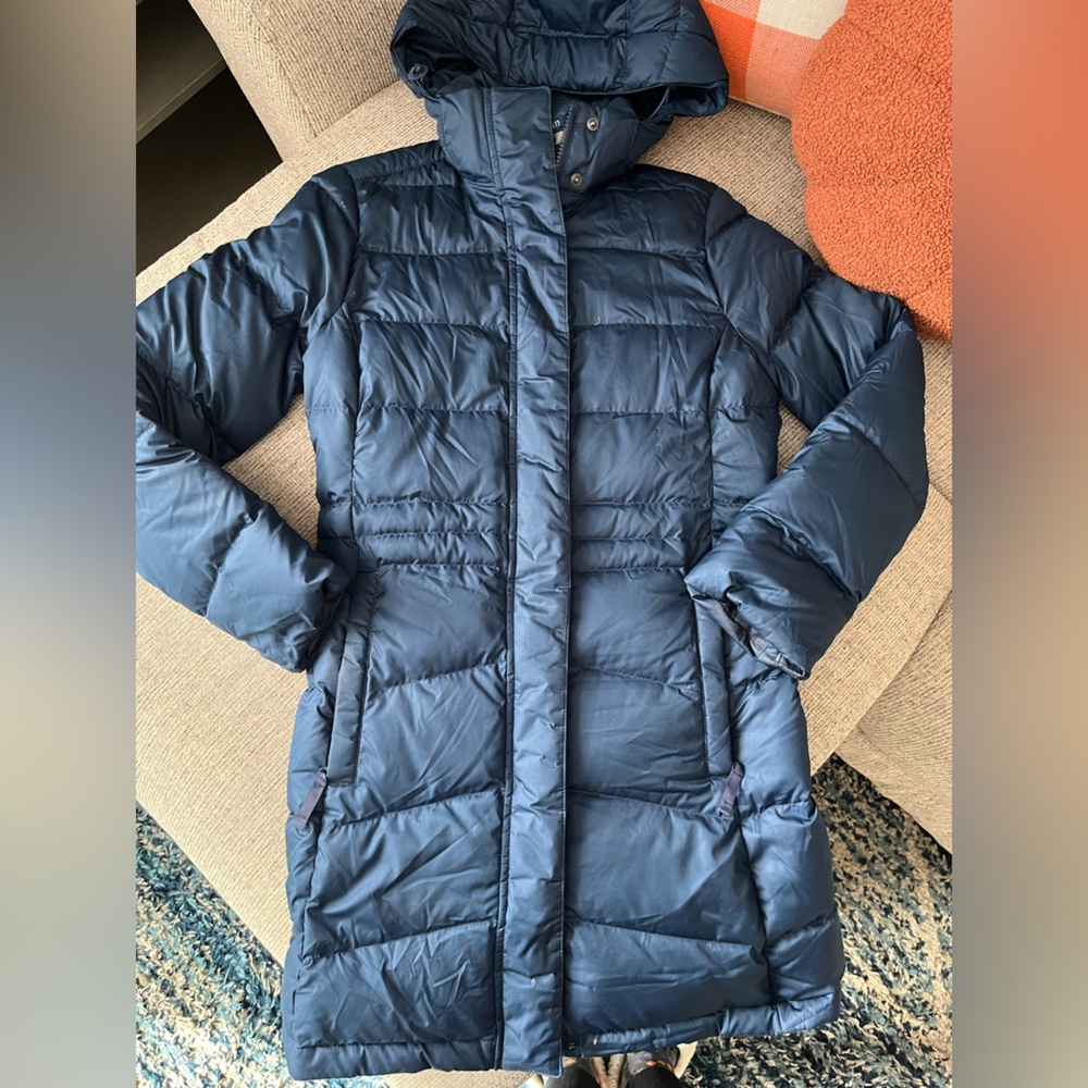 LL Bean blue women’s long puffer coat